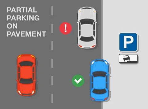 Top view of a correct and incorrect parked cars.Partial parking on pavement Illustrazione stock