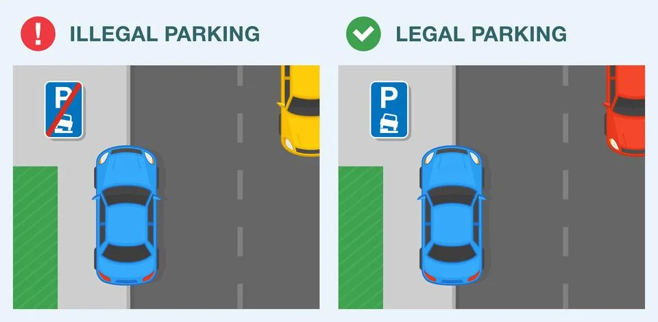 Top view of a correct and incorrect parked cars on verge and footway. Illustrazione stock