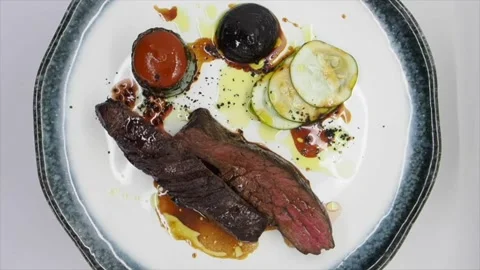 Top View Of A Course From A Tasting Menu -  Rotating Beef Onglet Stock-Footage 133138245