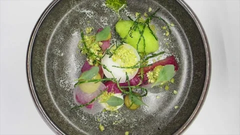 Top View Of A Course From A Tasting Menu -  Rotating Beetroot Cured Salmon Stock Footage 133138297