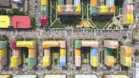 Top view of the courtyards and roads of a residential area with colorful houses Stock Footage 158858314