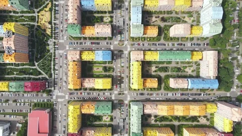 Top view of the courtyards and roads of a residential area with colorful houses Stock Footage 162493056
