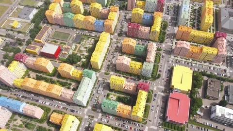 Top view of the courtyards and roads of a residential area with colourful houses Stock Footage 163673685