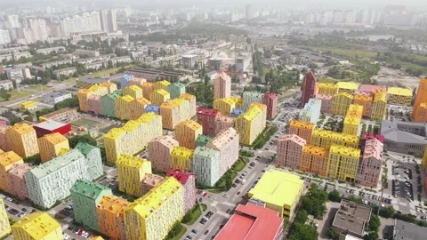 Top view of the courtyards and roads of a residential area with colourful houses Stock Footage 164595165