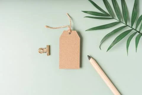 Top view of craft empty blank tag, green leaf plant and pencil Foto stock