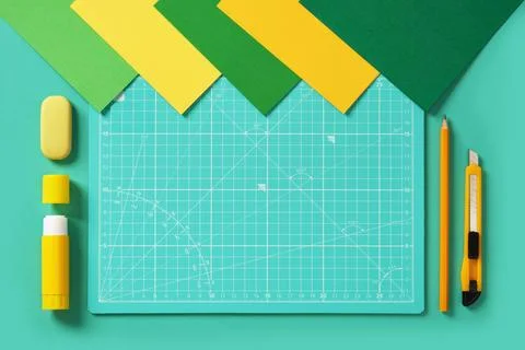 Top view of a craft table in green and yellow colors. Craft knife, pencil, er Stock Photos