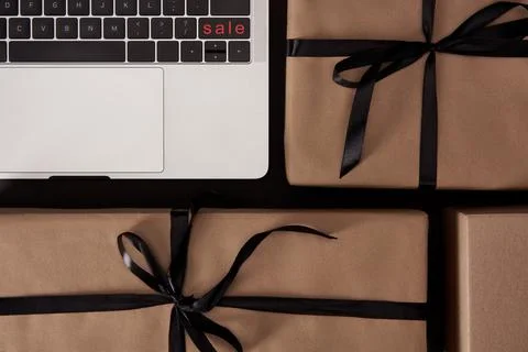 Top view craft wrapped gift Stock Photos
