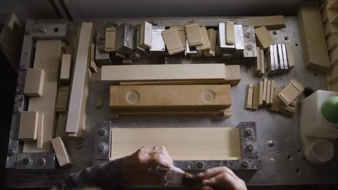Top view, craftsman hands and his workshop, working with wood. Stock Footage 121127334