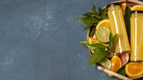 Top view crate with oranges juice with copy space. High quality and resolut.. Stock Photos