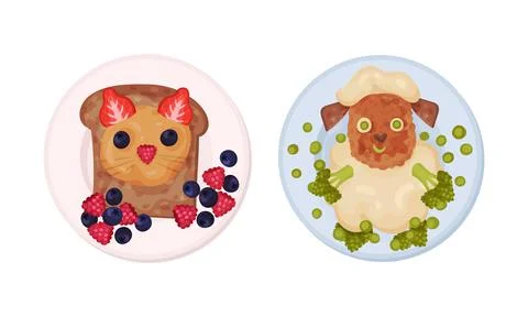 Top view of creative childish dishes serving on plates set. Tasty healthy food Stock Illustration