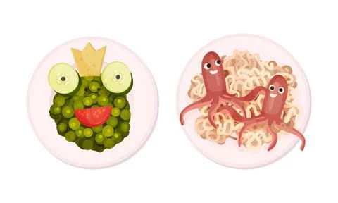 Top view of creative childish dishes serving on plates set vector illustration Stock Illustration