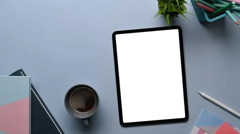Top view of creative designer or stylish workspace with mock up digital table Stock Photos