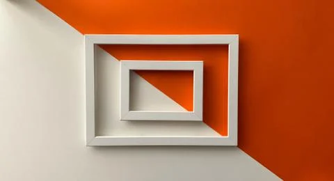 Top view creative layout of white frames on white and orange background Stock Photos