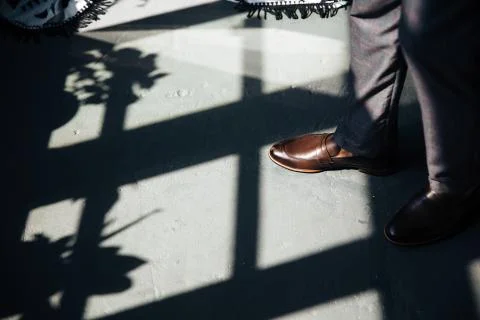 Top view of a cropped shadow frame on the floor from large stained-glass windows 스톡 사진