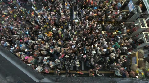 Top View of Crowd Passing Security Checkpoint at Songkran Festival Zone | Silom  Vídeo Stock 332942899