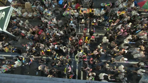 Top View of Crowd Passing Security Checkpoint at Songkran Festival Zone | Silom  스톡 동영상 333035971