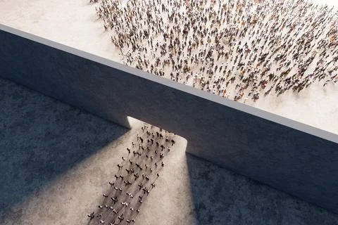 Top view of crowd of people walk through gate and disperse towards light Stock Illustration