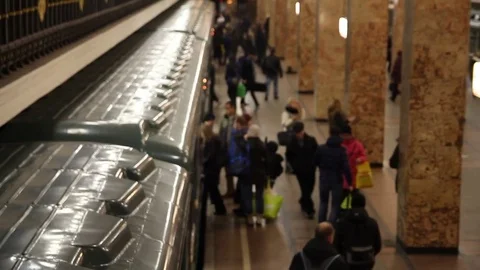 Top view of the crowd on the underground subway station, people come in Moscow Stock Footage 69880946