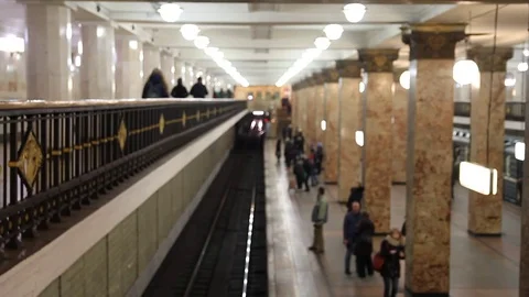 Top view of the crowd on the underground subway station, people come in Moscow Stock Footage 69880960