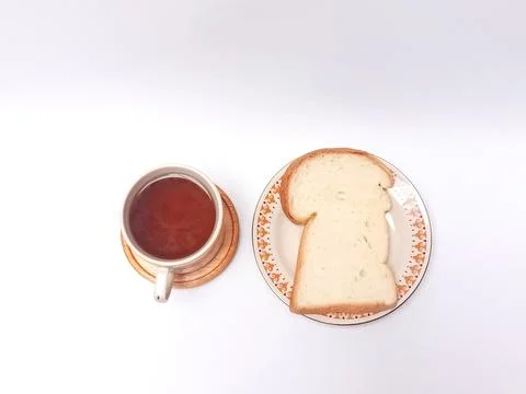 Top View Cup of Black Coffee and White Bread Slices White Surface Stock Photos