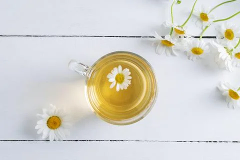 Top view of a cup of chamomile tea Stock Photos