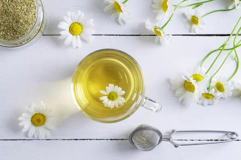 Top view of a cup of chamomile tea Stock Photos