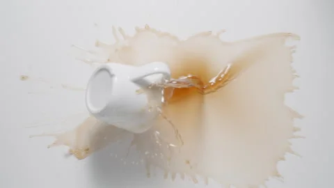 TOP VIEW: Cup of coffee falls down and drink pouring. Slow motion. Stock Footage 144415937