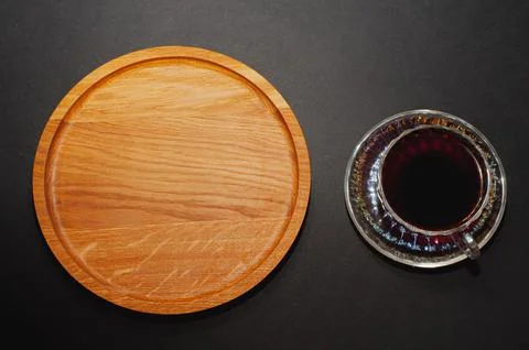 Top view of a cup of coffee, isolate on black background. flat surface with s Stock Photos