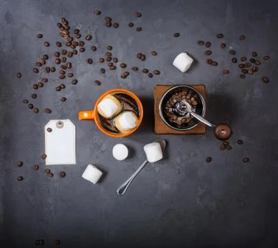 Top view. Cup of coffee with marshmallow. Stock Photos