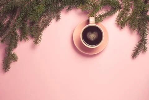 Top view of cup of coffee on pink background Stock Photos