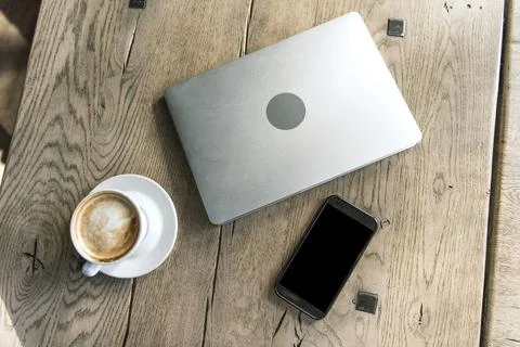 Top view cup coffee smartphone Stock Photos