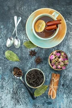 Top view cup of tea with fresh black tea on light background tea photo coff.. Stock Photos
