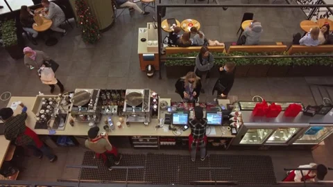 Top view of customers bying coffee in shopping center. Hyperlapse video. Stock Footage 168251938