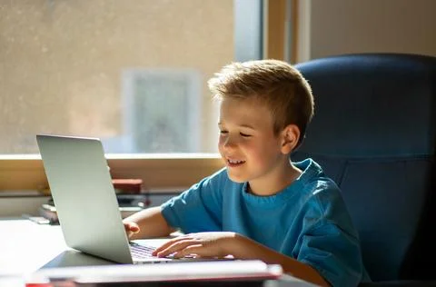 Top view of cute boy in blue t-shirt doing homework on laptop at home. Homesc Foto stock