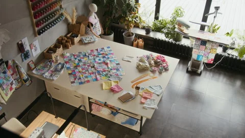 Top View of Cutting Table with Patchwork Garment at Craft Workshop 動画素材 315761785