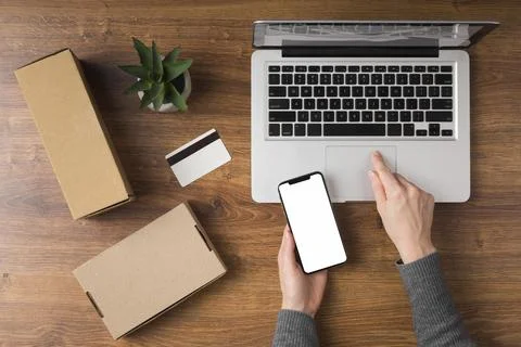 Top view cyber monday package laptop Stock Photos