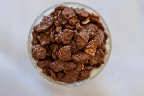 Top view of a dairy dessert with chocolate chips in a glass Stock Photos