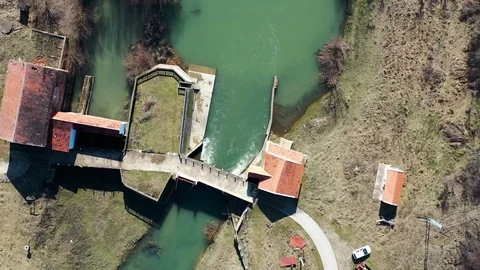 Top view of dam on a small river Stock Footage 125303170