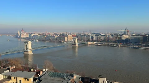 Top view of the Danube River with bridge and buildings on both banks, Budapest Stock Footage 263141546