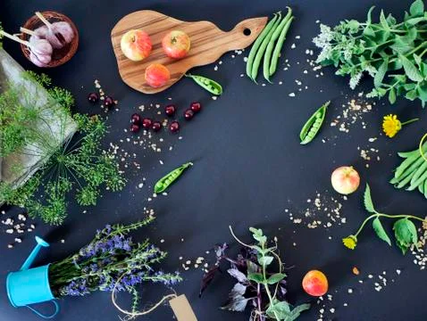Top view, on a dark background a composition Stock Photos
