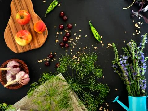 Top view, on a dark background a composition Stock Photos