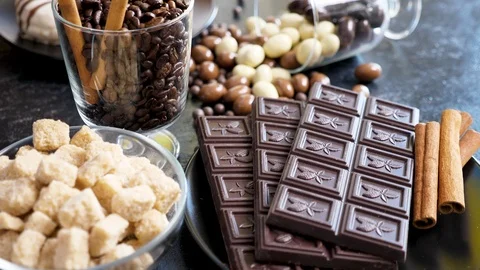 Top view dark wooden table full of sweets on it Stock Footage 90074693