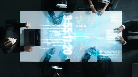 Top view of data analysts wearing VR headset and enter database. Directorate. Stock Footage 283135427
