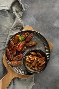 Top view dates nuts arrangement Stock Photos