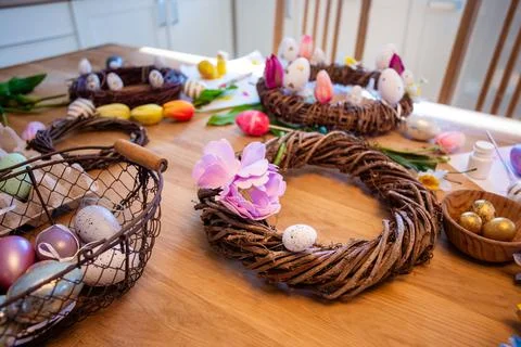 Top view decorating set for Easter wreaths Stock Photos