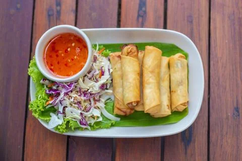 Top view. deep fried spring rolls, Por Pieer Tod or Fried spring rolls (Tha.. Stock Photos