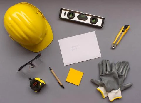 Top view design engineering and construction concept on grey background with  Stock Photos