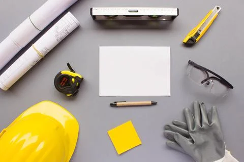 Top view design engineering and construction concept on grey background with  Stock Photos
