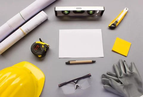 Top view design engineering and construction concept on grey background with  Stock Photos