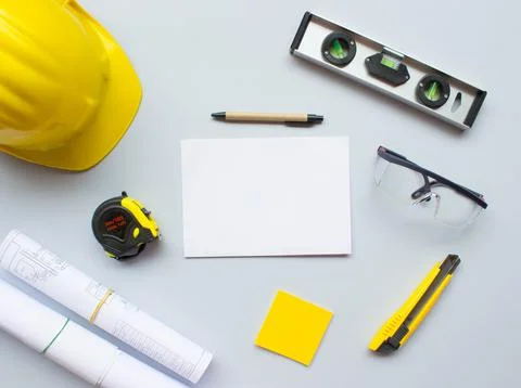 Top view design engineering and construction concept on grey background with  Stock Photos